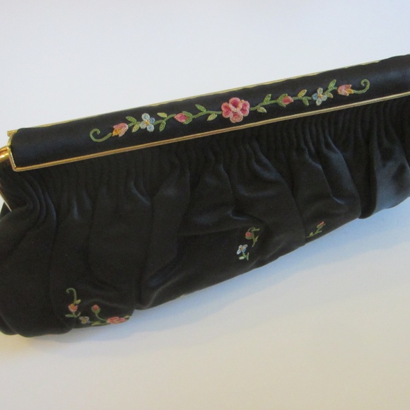 Art Deco Paris Gants Saint Roch Hand Made Black Satin French Embroidered Purse - Picture 8 of 11